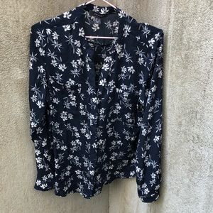 Dark Blue w/White Floral Print Dress Shirt XO